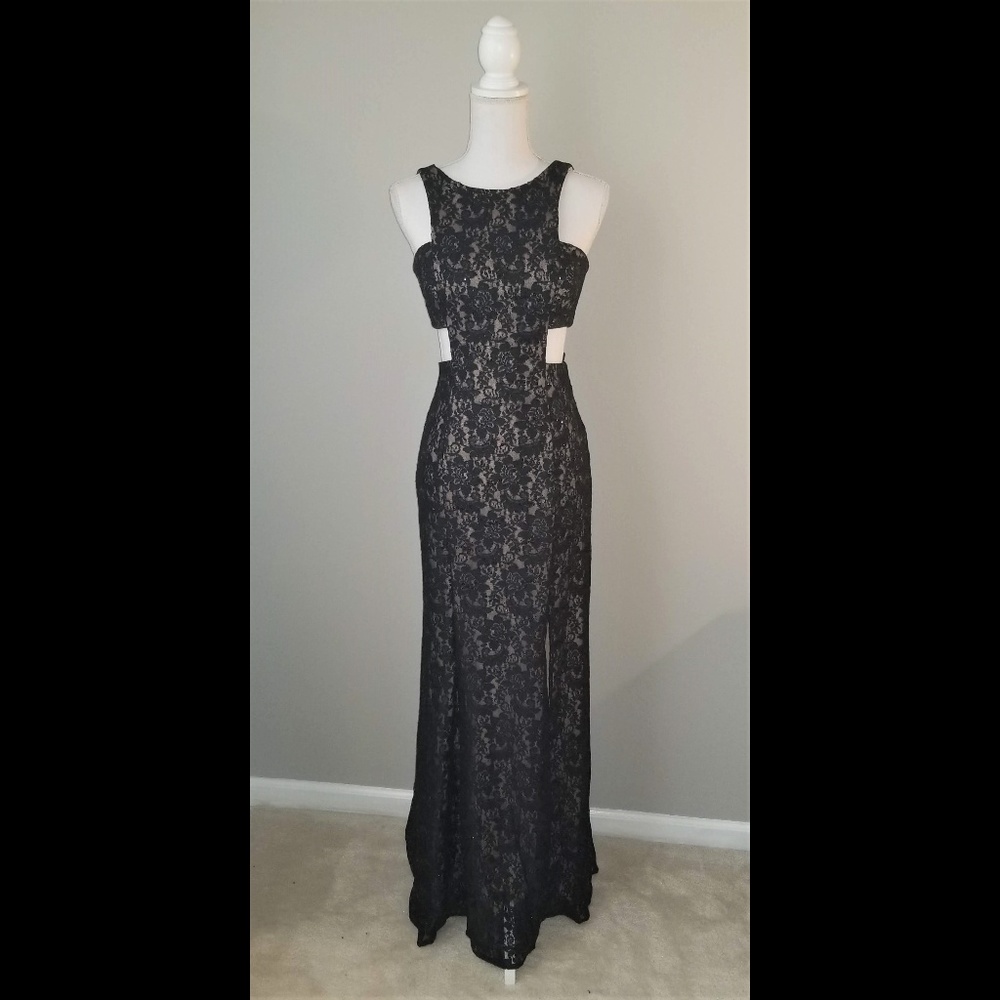 Morgan and Co Black Lace Side Cut Out Sequin Dress